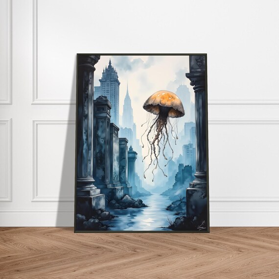 Golden Jellyfish In Ruined City Metal Framed Japanese Surreal Art Print Fantasy Urban Ocean Spirit Decor