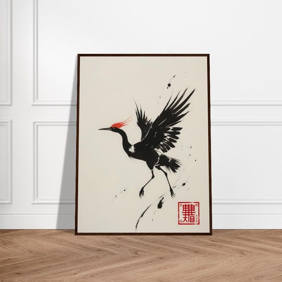 Dancing Crane In Flight Japanese Sumie Style Art With Bold Red Crest Dynamic Black Ink Brushstrokes Zen Print
