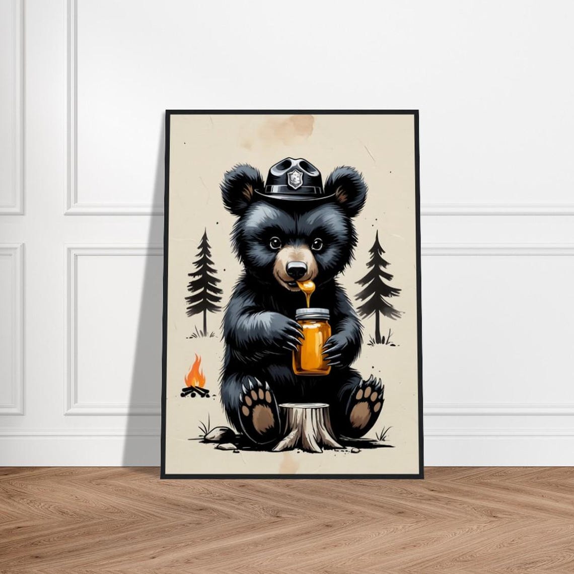 Cute Forest Ranger Bear With Honey Jar Cozy Campsite Art Poster