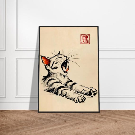 Japanese Cute Cat Art Poster Minimalist Wall Decor Museumquality Matte Paper Framed Zen Print Feline Artwork For Nursery