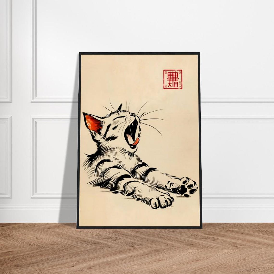 Yawning Striped Tiny Kitten Japanese Ink Sketch Cute Cat Poster