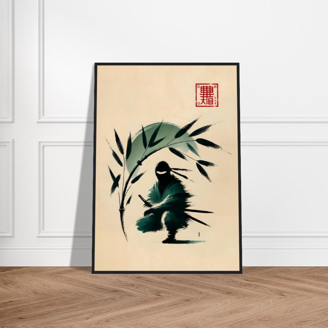 Crouching Ninja among Bamboo Green Ink Japanese Art Poster Design