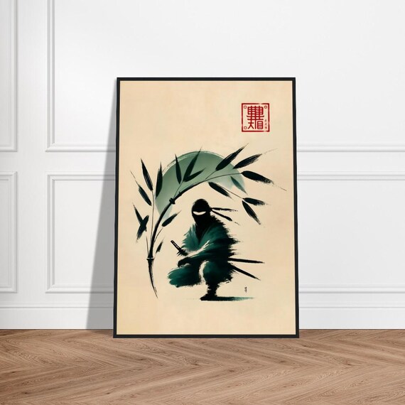 Crouching Ninja among Bamboo Green Ink Japanese Art Poster Design
