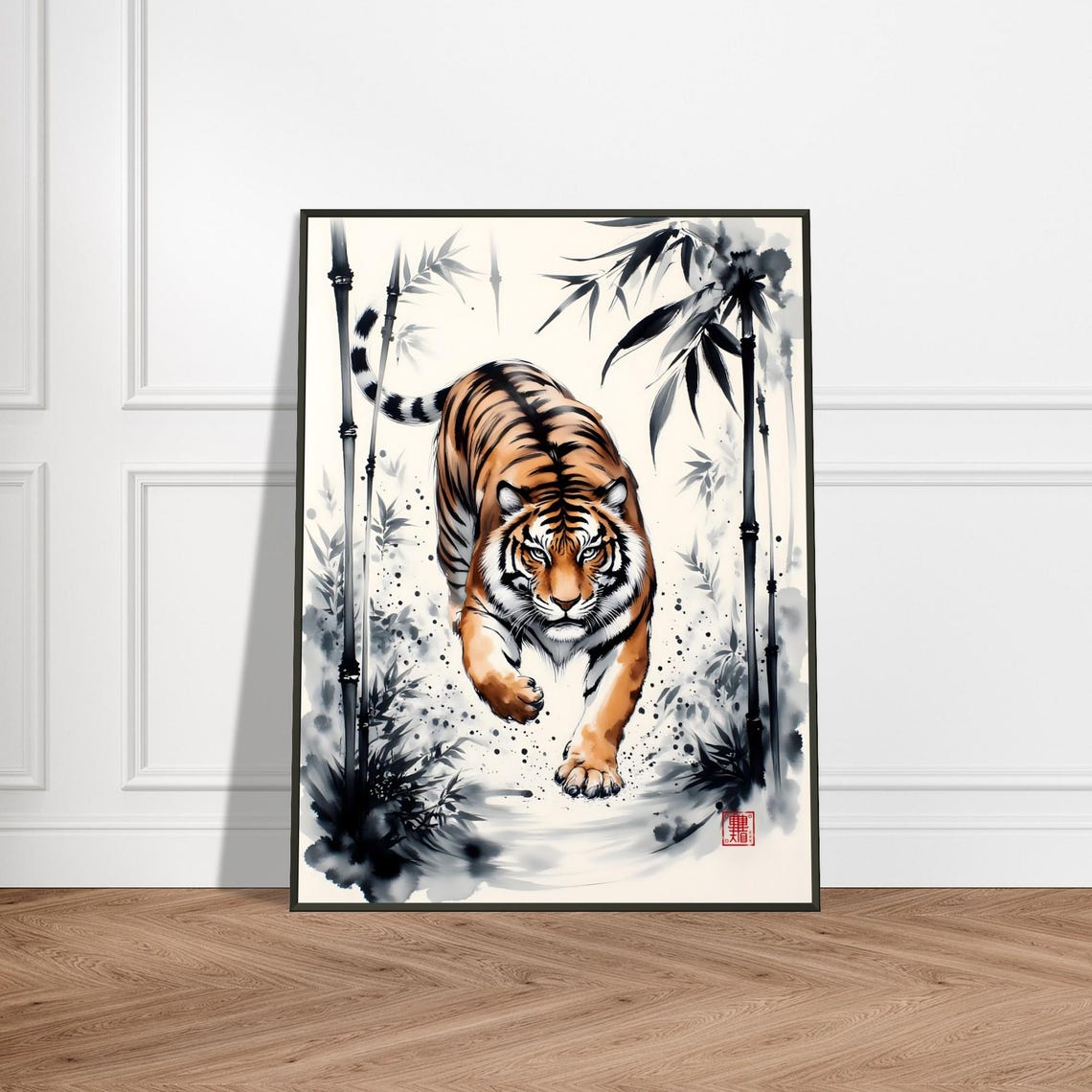 Fierce Tiger In Bamboo Forest Japanese Ink Painting Bold Sumie Brushwork And Dynamic Wildlife Art