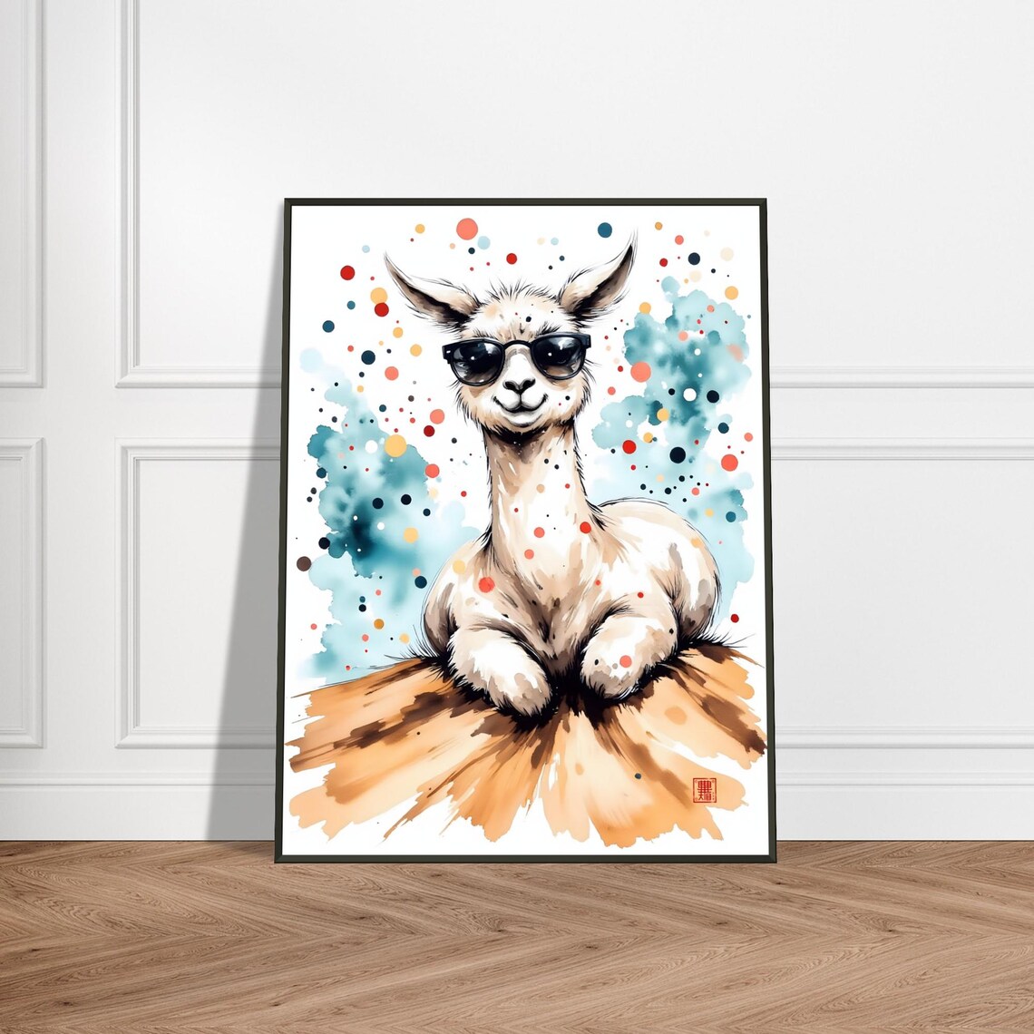 Cool Alpaca Wearing Sunglasses Colorful Splatter Watercolor Art Poster