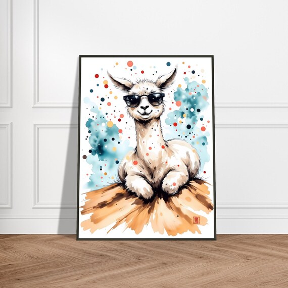 Cool Llama Wall Art Funny Sunglasses Alpaca In Watercolor Ink Style Metal Framed Animal Decor For Modern Boho Spaces