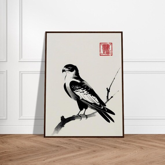 Elegant Falcon Perched On Branch Japanese Sumi E Bird Poster