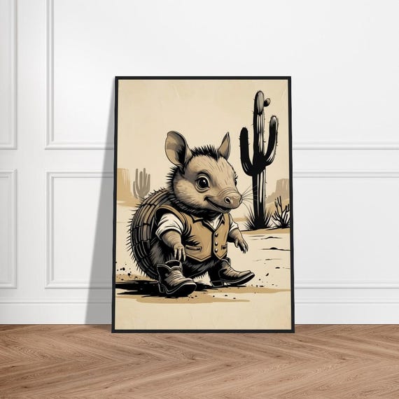 Cowboy Armadillo Illustration Desert Animal In Western Attire Cactus Background Rustic Southwestern Art For Decor Or Gifts