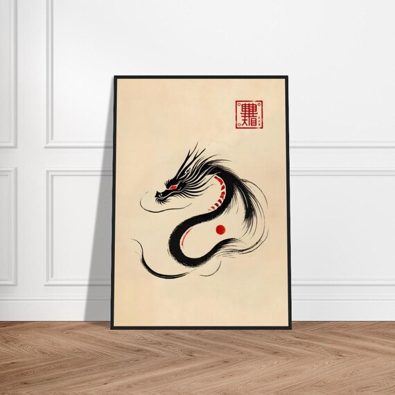 Japanese Dragon Art Poster Minimalist Wall Decor Museumquality Matte Paper Framed Zen Print Traditional Artwork