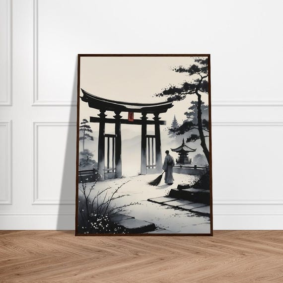 Serene Japanese Torii Gate With Monk Sweeping Zen Temple And Minimalist Ink Wash Landscape