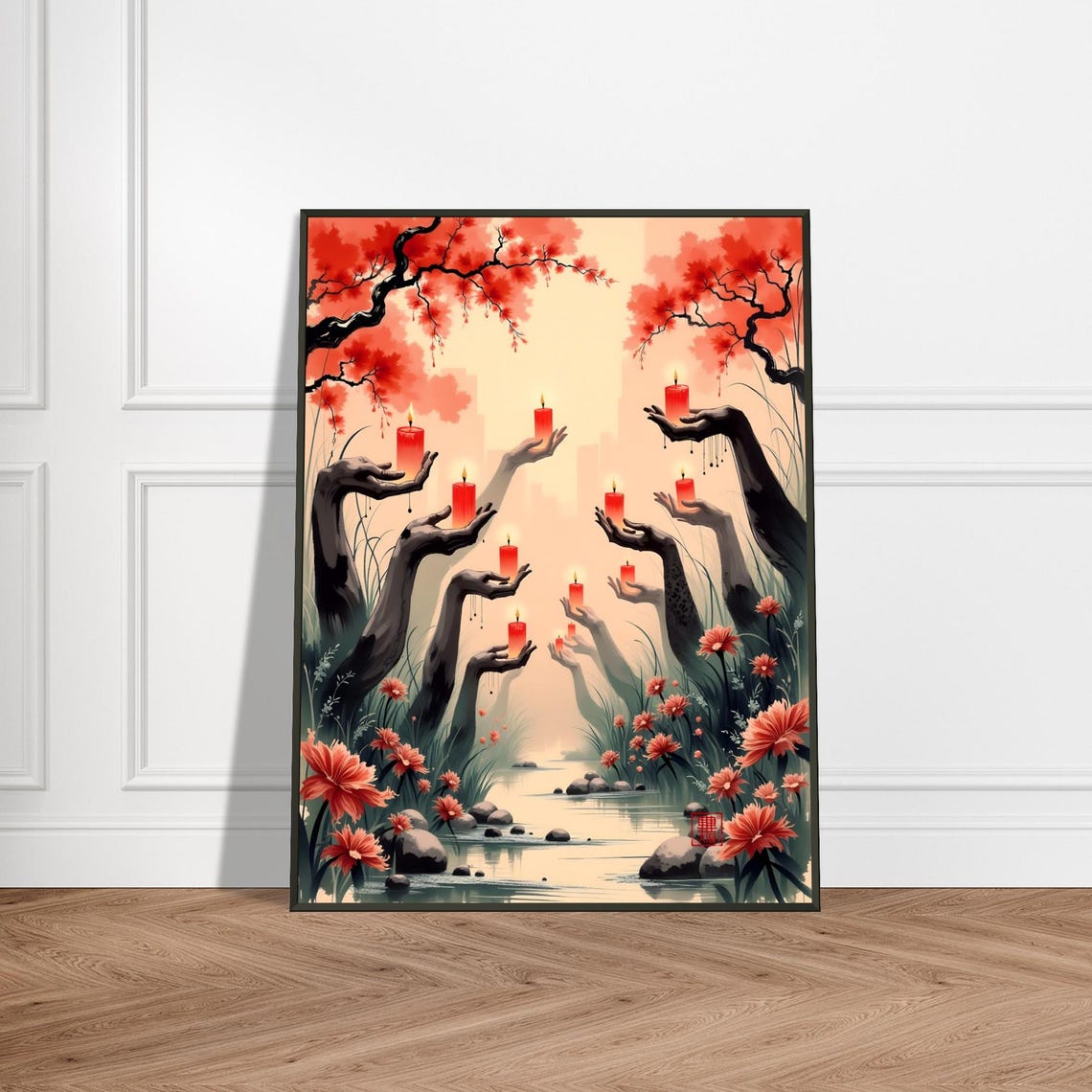 Mysterious Hands Holding Burning Candles in a Red Blossom Grove Poster