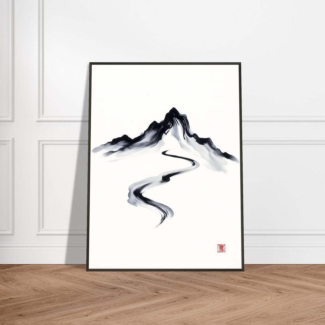 Minimalist Mountain and Winding River Single Ink Stroke Poster Art