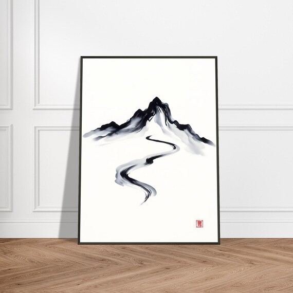 Minimalist Mountain and Winding River Single Ink Stroke Poster Art