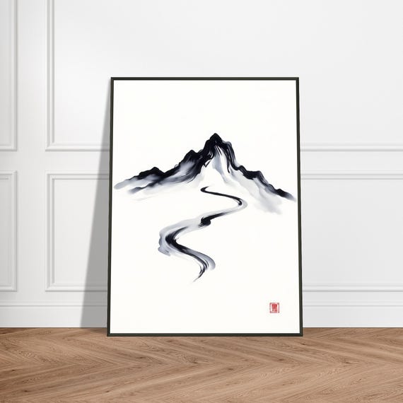 Minimalist Mountain Path Ink Print Japanese Sumie Landscape Art Zen Brushstroke Painting Tranquil Black And White Nature Wall Decor