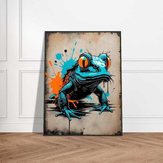 Colorful Frog Art Print Japaneseinspired Ink Splash Design With Bold Blue Orange And Teal Accents Eyecatching Amphibian Wall Decor