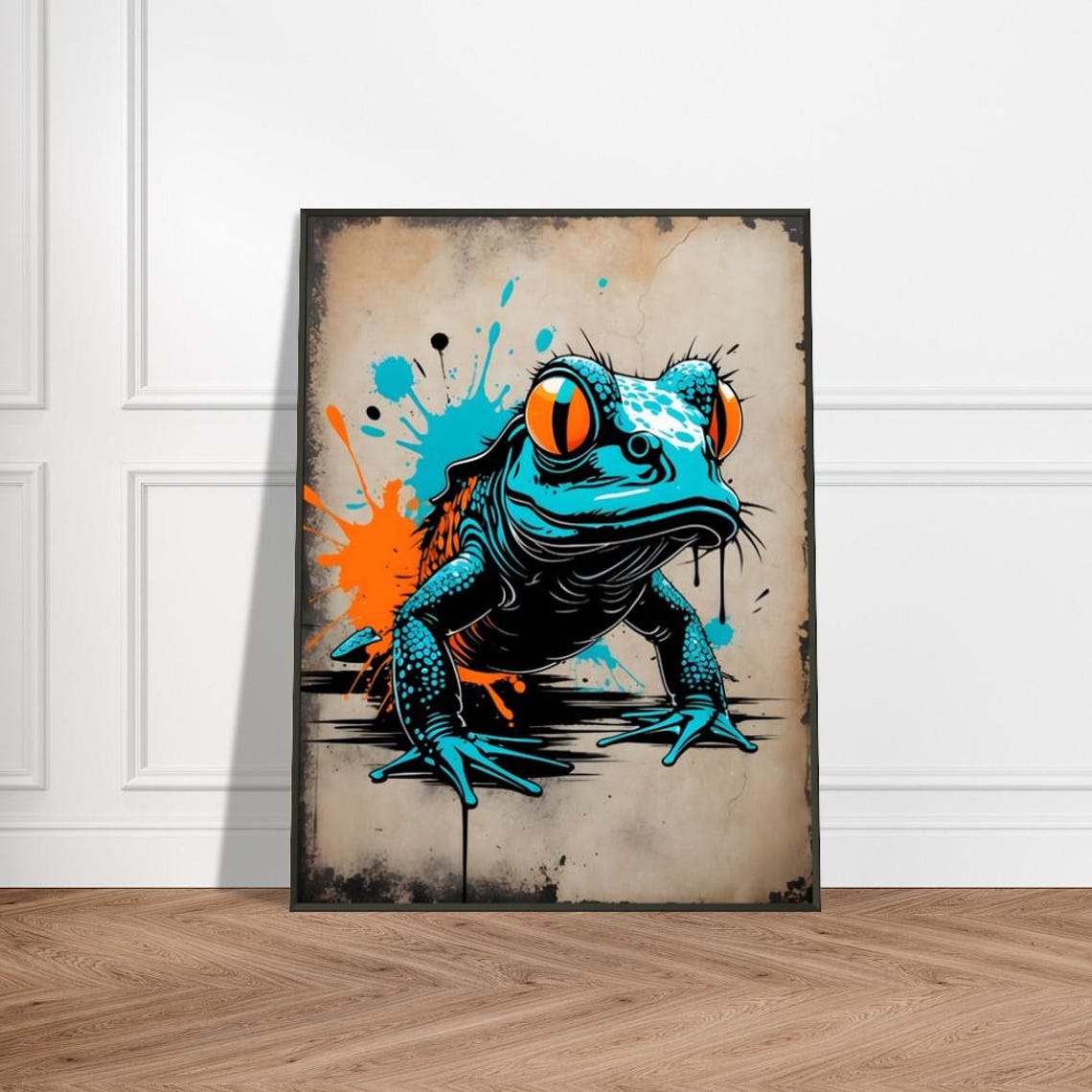 Blue Tree Frog With Glowing Orange Eyes Graffiti Splash Art Poster