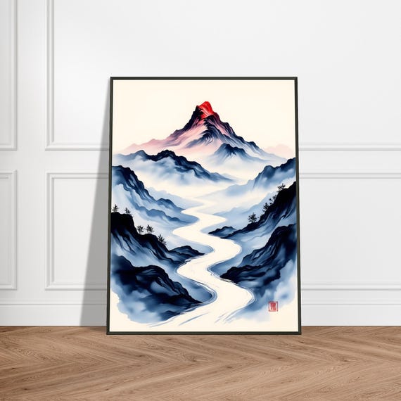 Japanese Mountain Landscape Wall Art Red Peak River Ink Painting Serene Nature Print With Metal Frame For Zen Home Decor