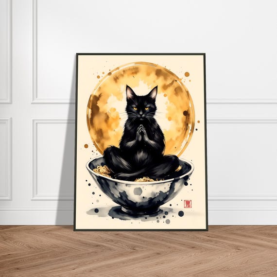 Zen Black Cat Meditating In Ramen Bowl Art Print Mystical Moon Illustration Japanese Noodle Spirit Wall Decor