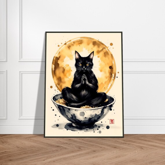 Zen Black Cat Meditating in Ramen Bowl Golden Enso Art Poster