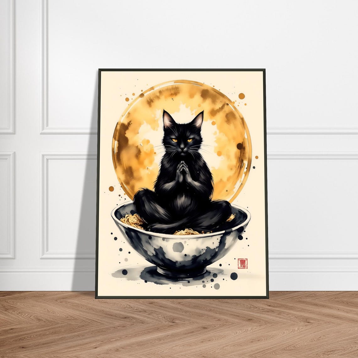 Zen Black Cat Meditating in Ramen Bowl Golden Enso Art Poster