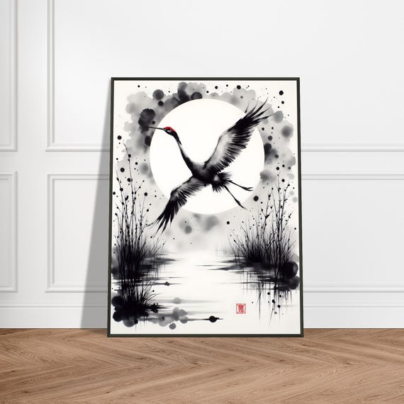 Japanese Crane Moonlight Print Sumie Ink Bird Art Elegant Redcrowned Flying Over Lake Zen Nature Wall Decor For Tranquil Spaces