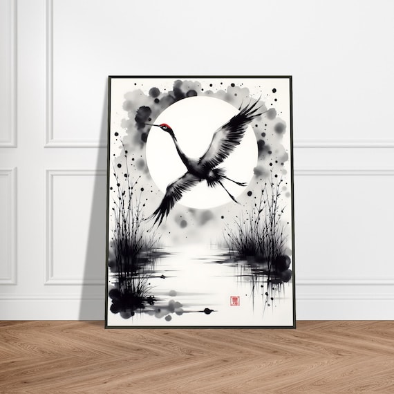 Red Crowned Crane Flying Before Bright Full Moon Ink Poster Art