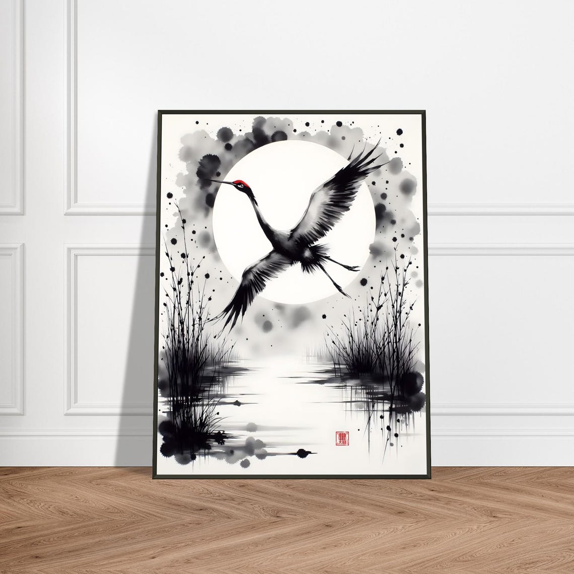 Red Crowned Crane Flying Before Bright Full Moon Ink Poster Art