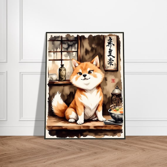 Cute Shiba Inu With Ramen Rustic Japanese Room Ink Art Poster