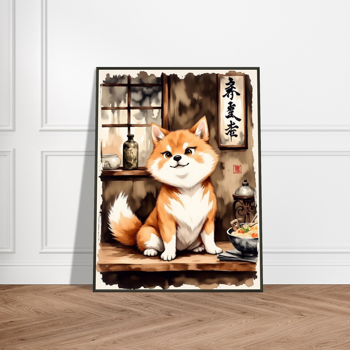Cute Shiba Inu With Ramen Rustic Japanese Room Ink Art Poster