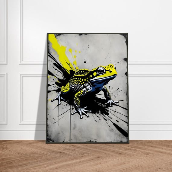Vibrant Frog Art Print Japaneseinspired Ink Splash Design With Bold Yellow Black And Blue Accents Striking Amphibian Wall Decor