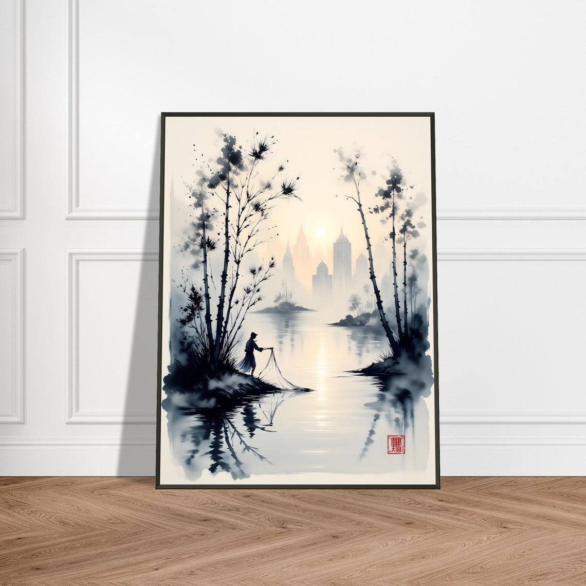 Fisherman Casting Net on Misty Lake at Sunrise Ink Wash Poster