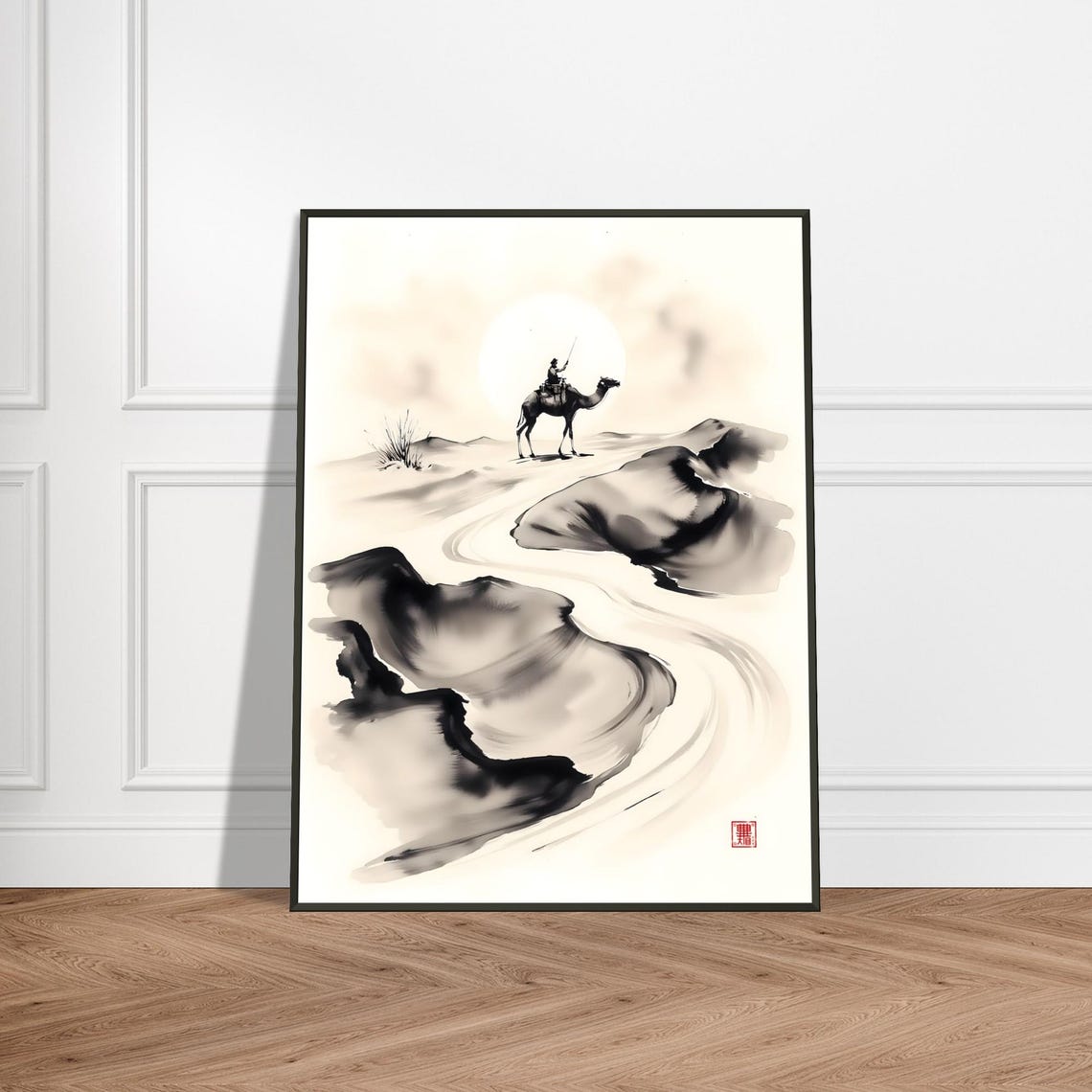 Camel Rider Silhouette Crossing Ink Dunes at Desert Sunrise Poster