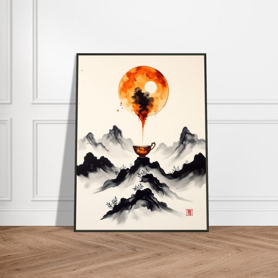Celestial Tea Wall Art Japanese Ink Style Teacup With Fiery Moon And Mountain Landscape Mystical Metal Framed Decor