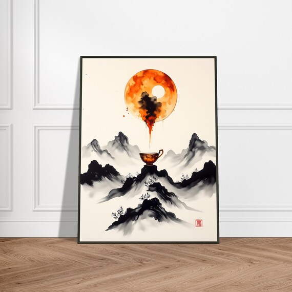 Celestial Teacup Giant Sun Pouring Over Ink Mountains Japanese Art Poster