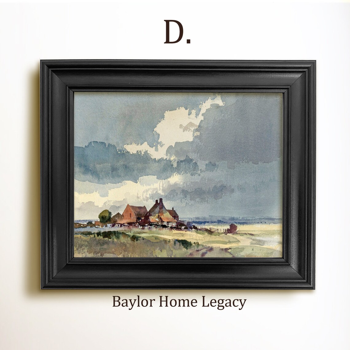 Country Farmhouse In Rolling Fields Stormy Sky Watercolor Scene Poster - Image 2