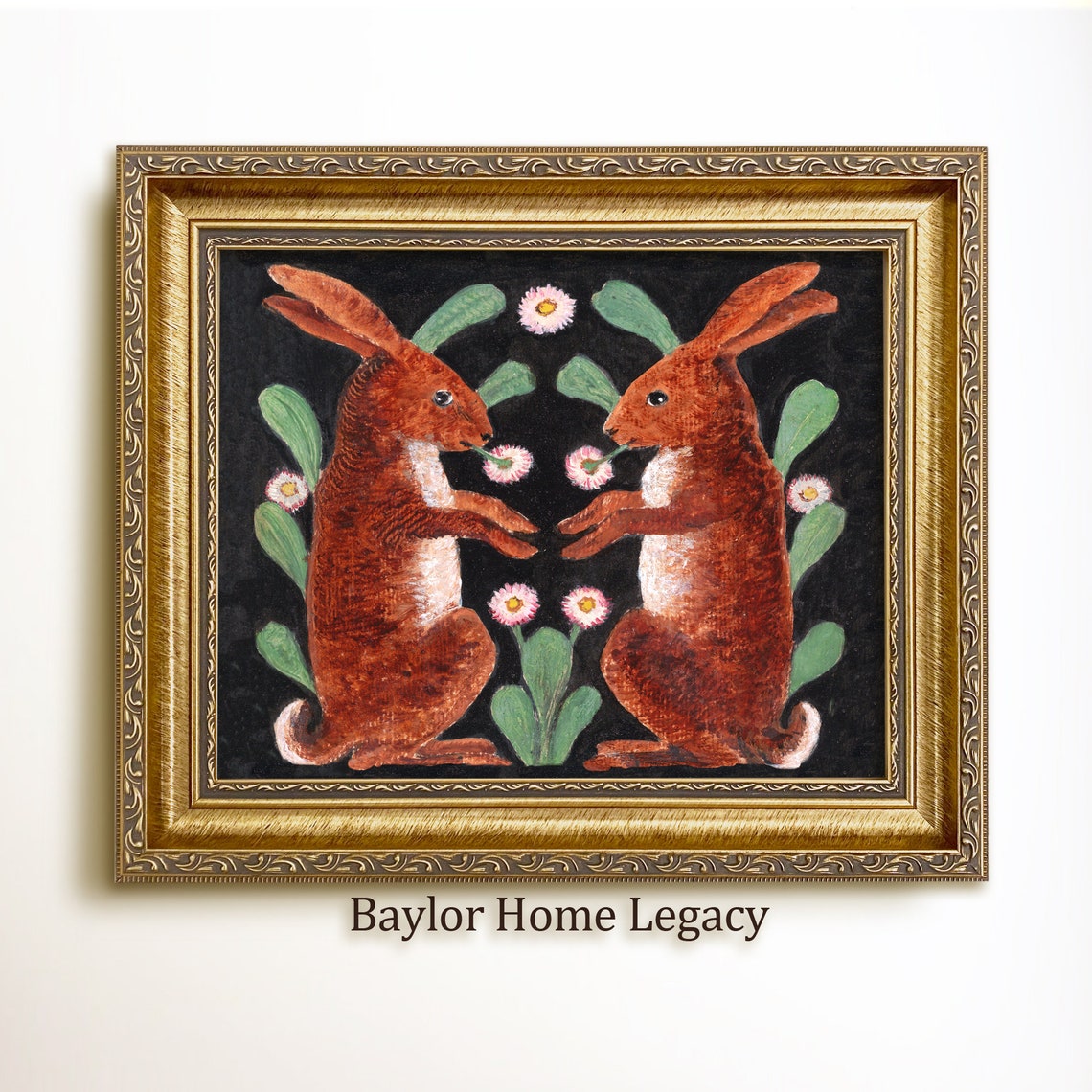 Two Folk Art Rabbits With Flowers Black Background Vintage Wall Art