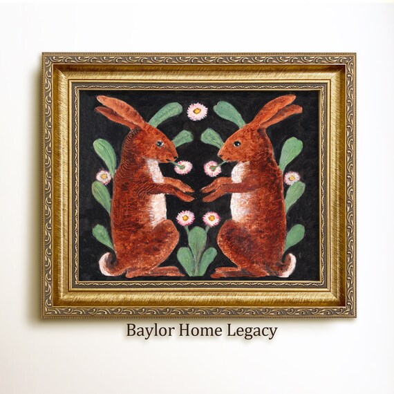 Two Folk Art Rabbits With Flowers Black Background Vintage Wall Art