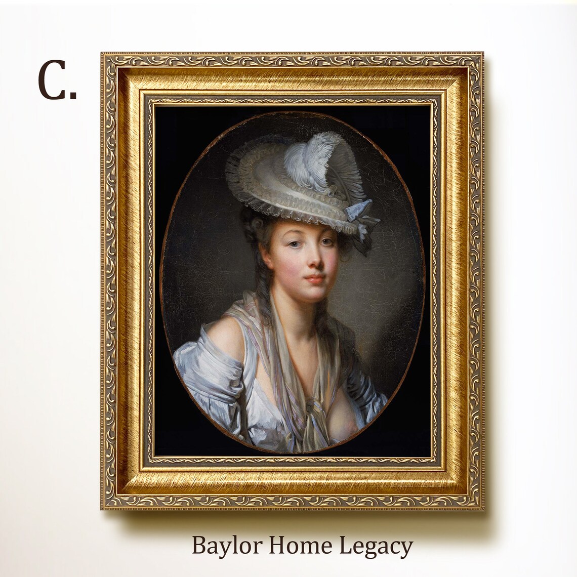 18th Century Young Woman White Feathered Hat Vintage Oil Portrait Poster - Image 3