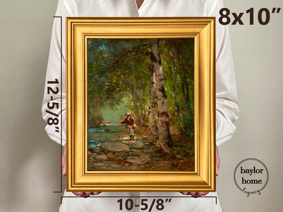Framed Fisherman Painting Fisherman In Stream Oil Painting Print On Vintage Fishing Artwork - Image 2