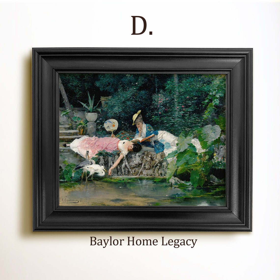 Framed Women Oil Painting Print On Women By Pond With Heron Art Print Of Antique Painting In Wood Frame Victorian Fine Art - Image 2