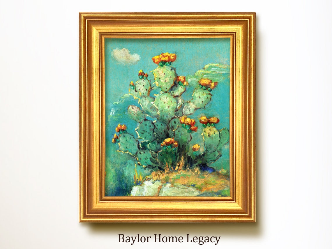 Prickly Pear Cactus with Orange Blooms Under Turquoise Sky Art Poster