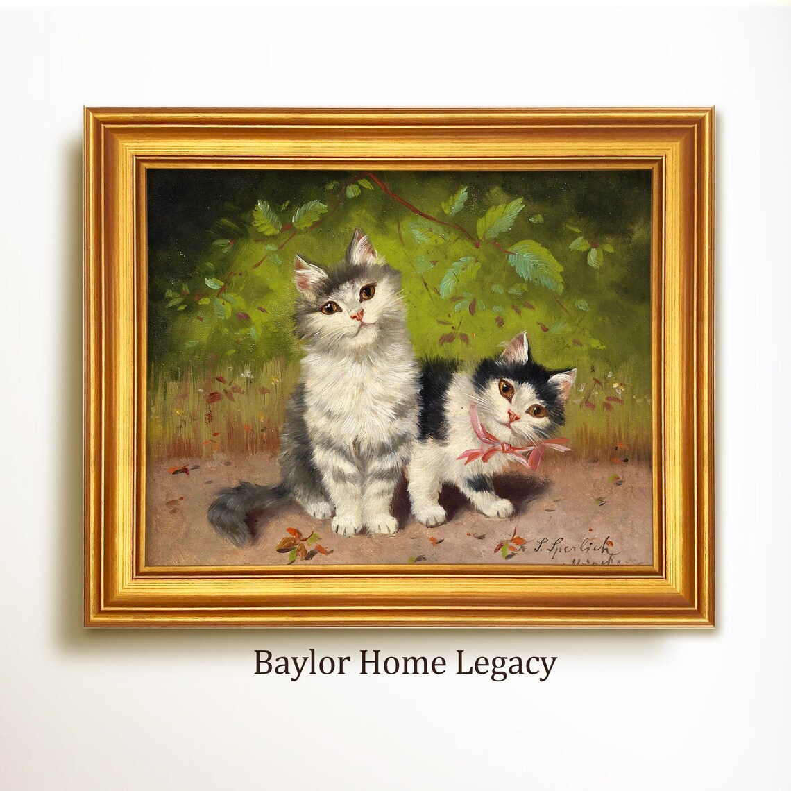 Two Kittens One With Pink Ribbon Vintage Cat Painting Cute Wall Art