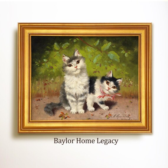 Two Kittens One With Pink Ribbon Vintage Cat Painting Cute Wall Art