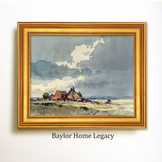Framed Landscape Watercolor Painting Print On Framed Vintage Print Of A Countryside Landscape With Cottage