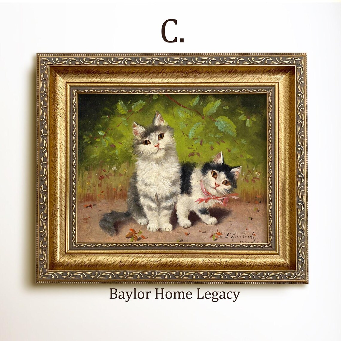 Two Kittens One With Pink Ribbon Vintage Cat Painting Cute Wall Art - Image 3