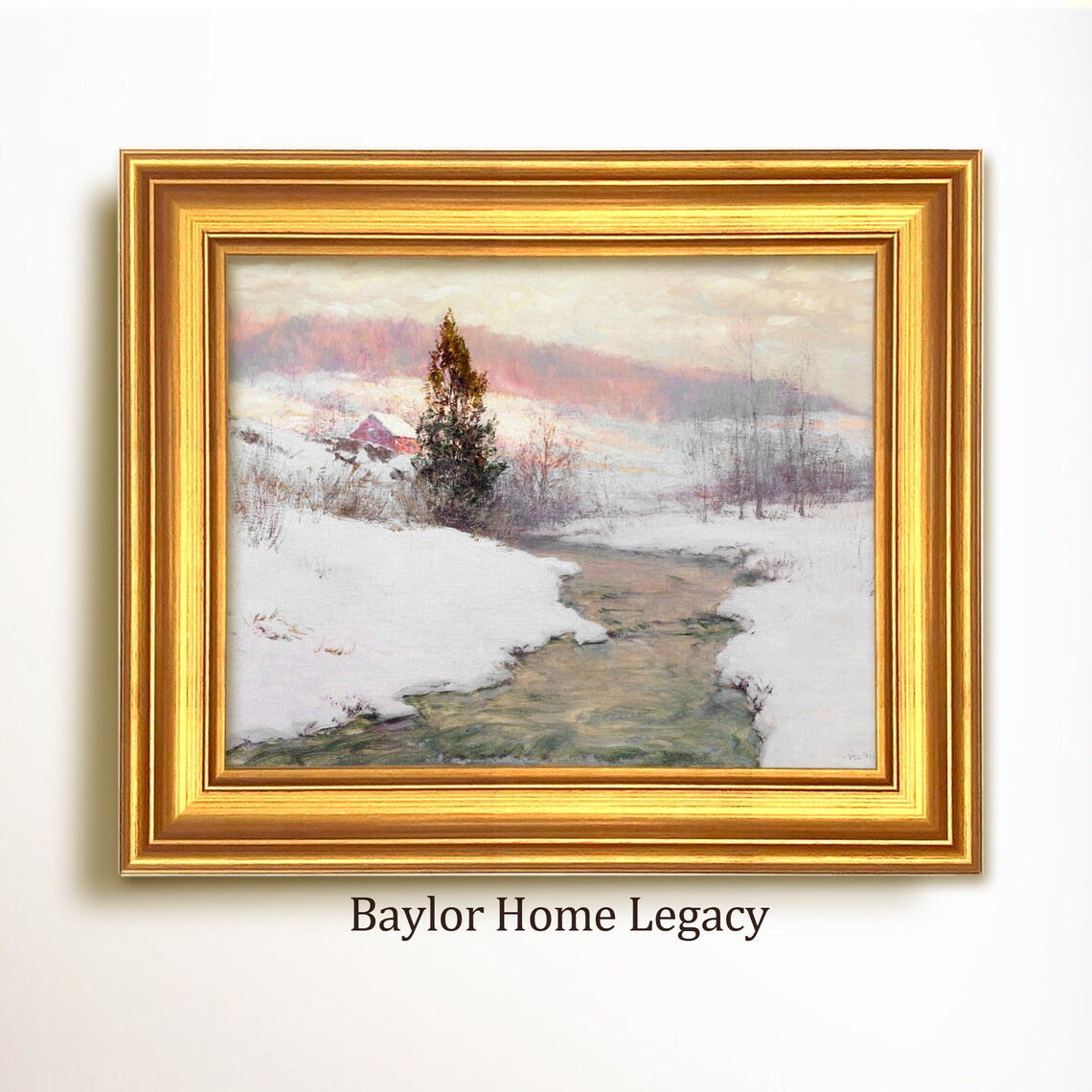 Winter Country Scene Snowy Stream Red Barn Vintage Landscape Painting