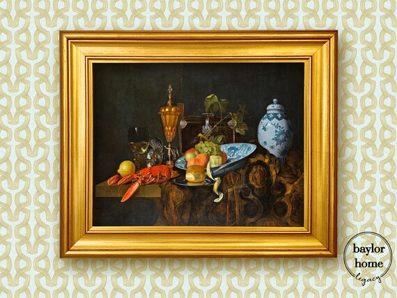 Framed Still Life Of Lobster Fruit And Chinese Porcelain Oil Painting Print On In Wood Frame
