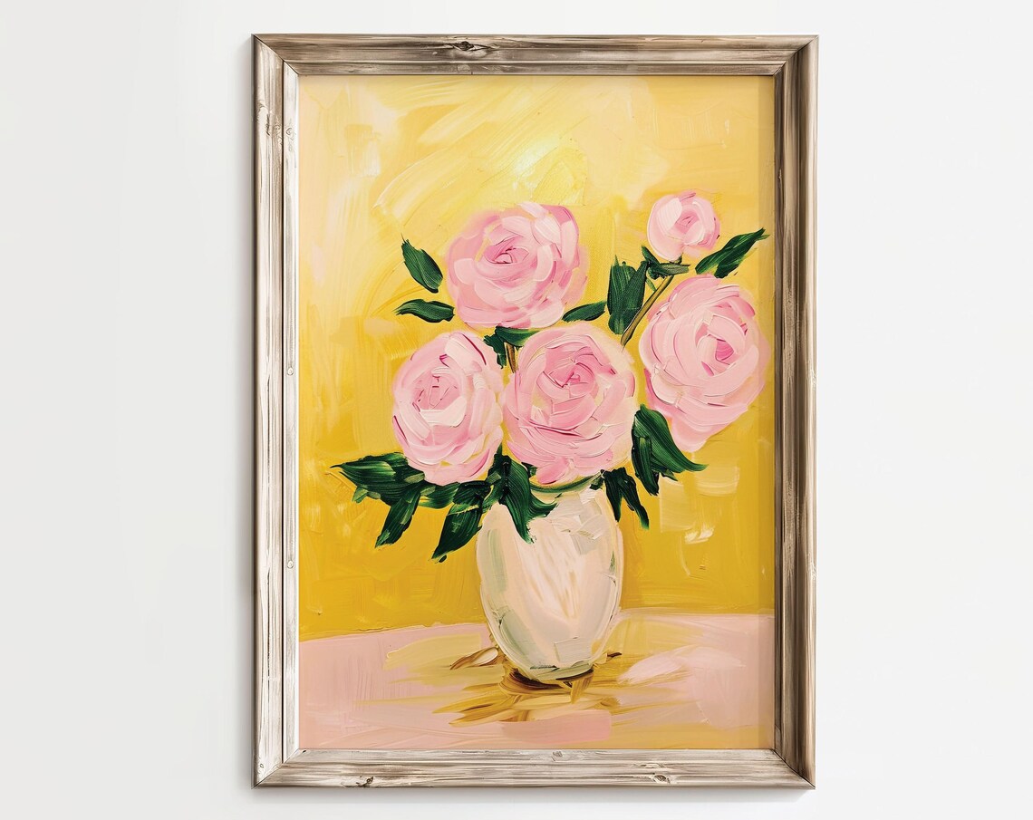 Pink Roses In White Vase Yellow Midcentury Floral Art Poster