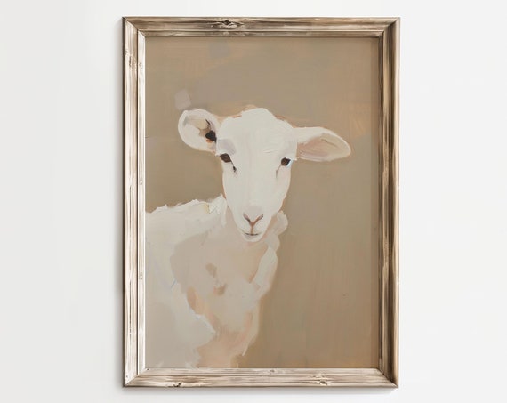 White Sheep Portrait Minimalist Beige Wabi Sabi Farmhouse Wall Art