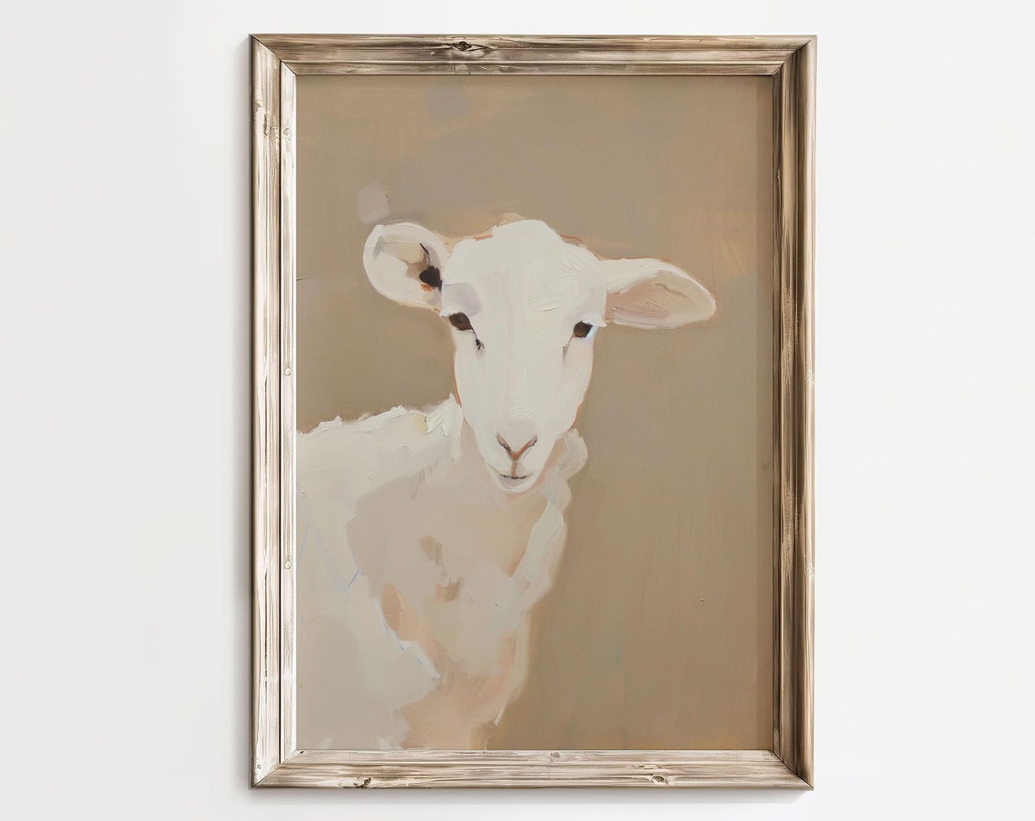 White Sheep Portrait Minimalist Beige Wabi Sabi Farmhouse Wall Art